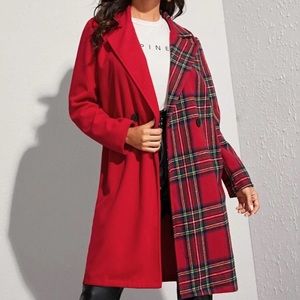 SHEIN Tweed Contrast Tartan Panel Lapel Neck Coat